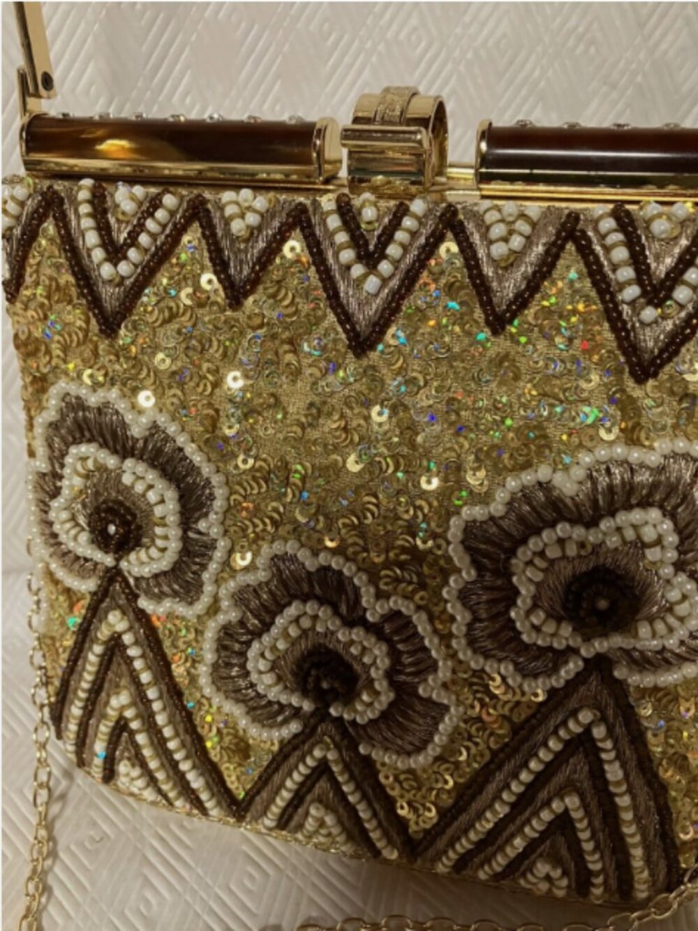 GOLD BEADED JEWELED SHOULDER BAG WITH REMOVABLE CHAIN STRAP